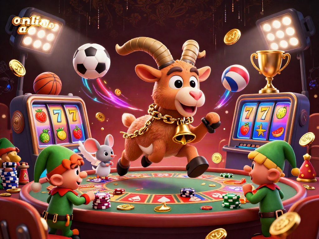 Experience the excitement of an online casino with a festive Krampus goat and mischievous characters in a vibrant 3D scene.