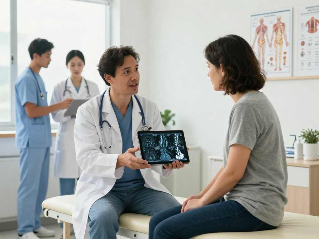 Bel fıtığı ameliyatı discussion in a clinic with doctor and patient focused on treatment options for back pain.