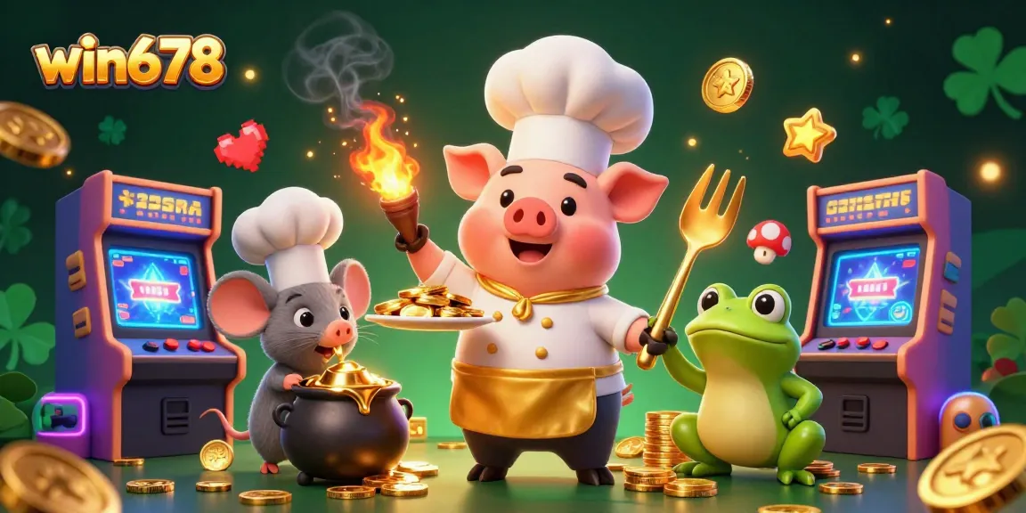 Spin to win with win678, featuring vibrant casino elements and a culinary twist.