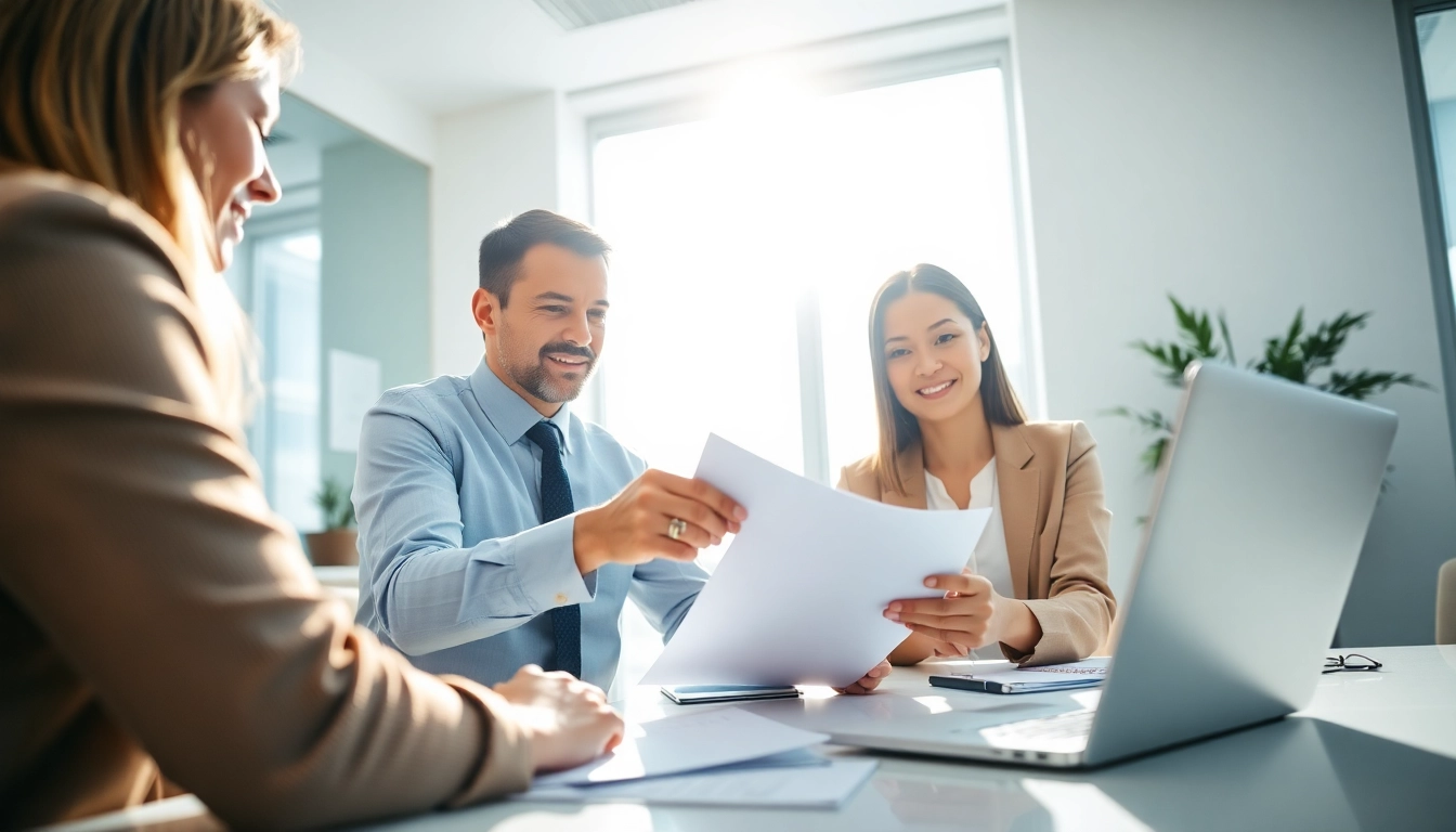 Secure financial transaction using Escrow Services with professionals in a bright office.