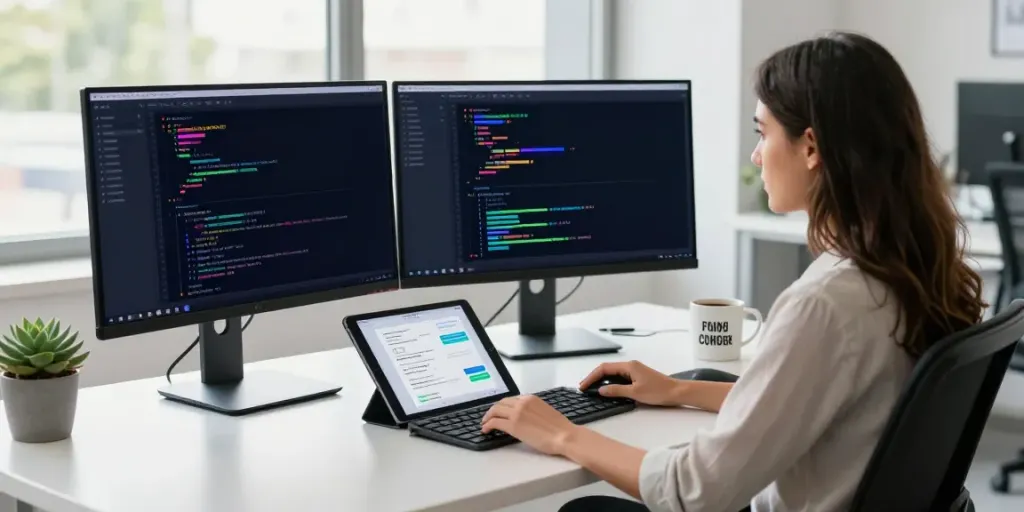Woman developing an uncensored AI chat application in a vibrant tech workspace.