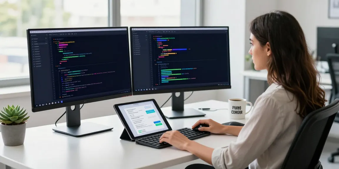Woman developing an uncensored AI chat application in a vibrant tech workspace.