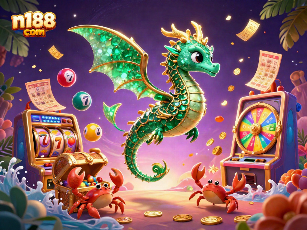 Experience thrilling gameplay with n188 com, featuring a majestic emerald sea dragon amidst dynamic casino elements.