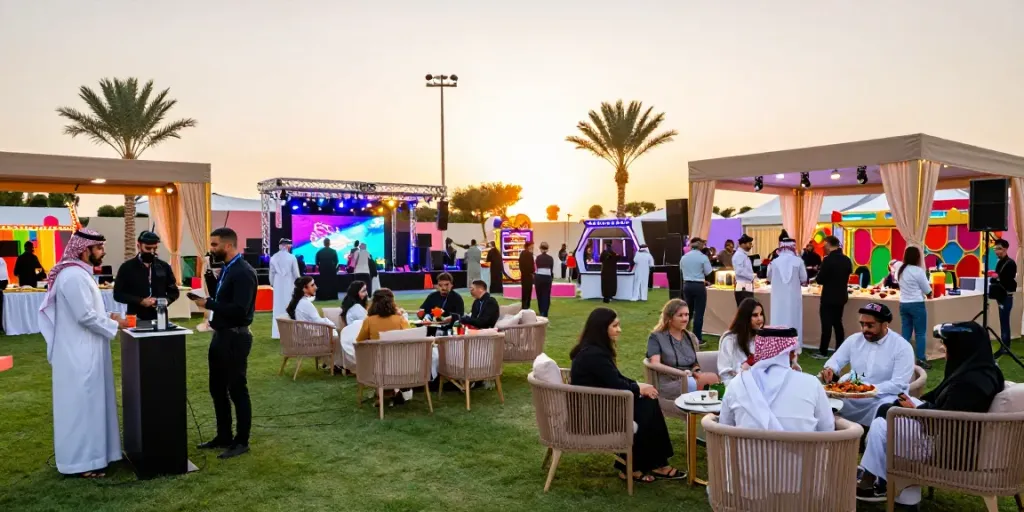 Event rentals creating a vibrant atmosphere at a corporate gathering in Riyadh.
