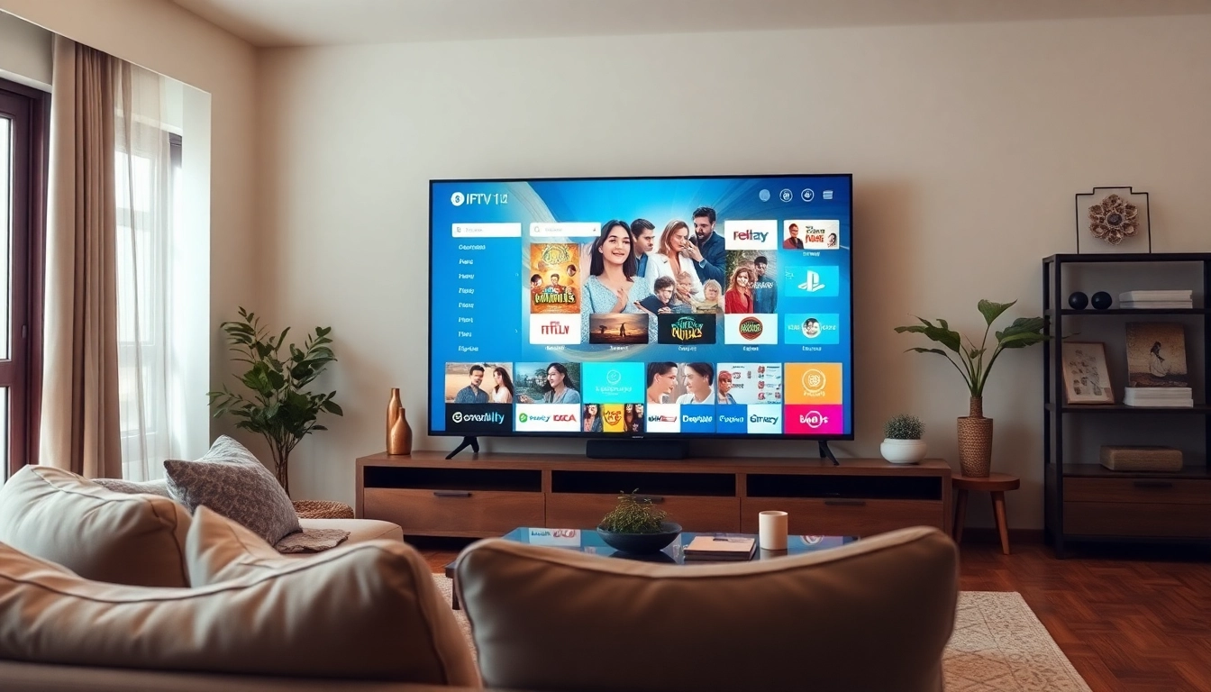 Experience a free trial iptv with a modern living room entertainment setup showcasing multiple channels.