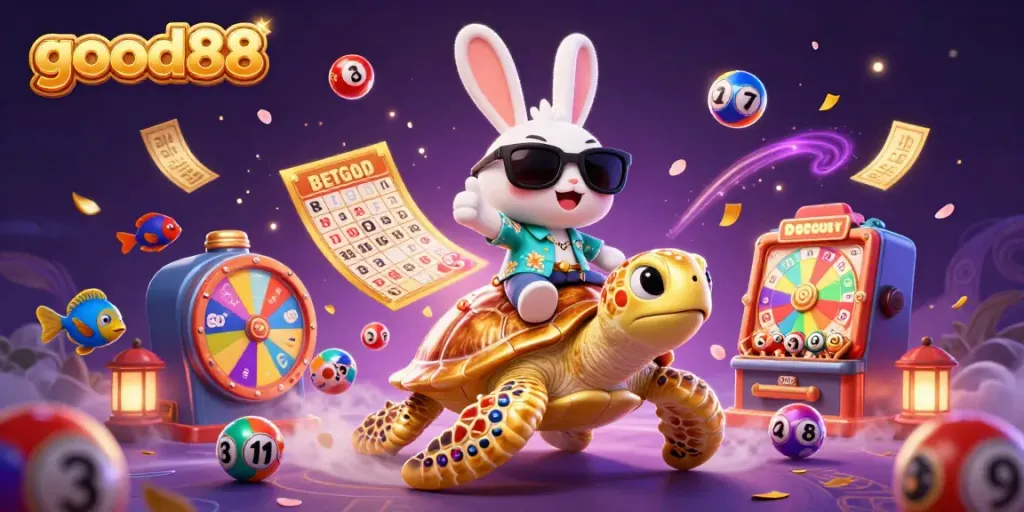 Experience the excitement of good88 with a lucky rabbit and a golden turtle in a vibrant casino-themed scene.