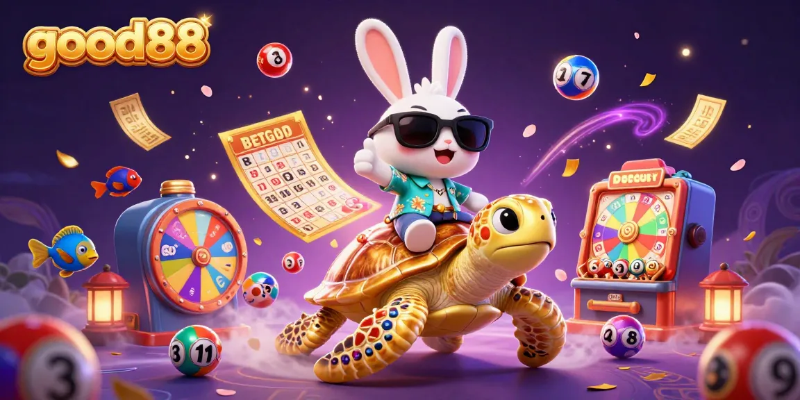 Experience the excitement of good88 with a lucky rabbit and a golden turtle in a vibrant casino-themed scene.