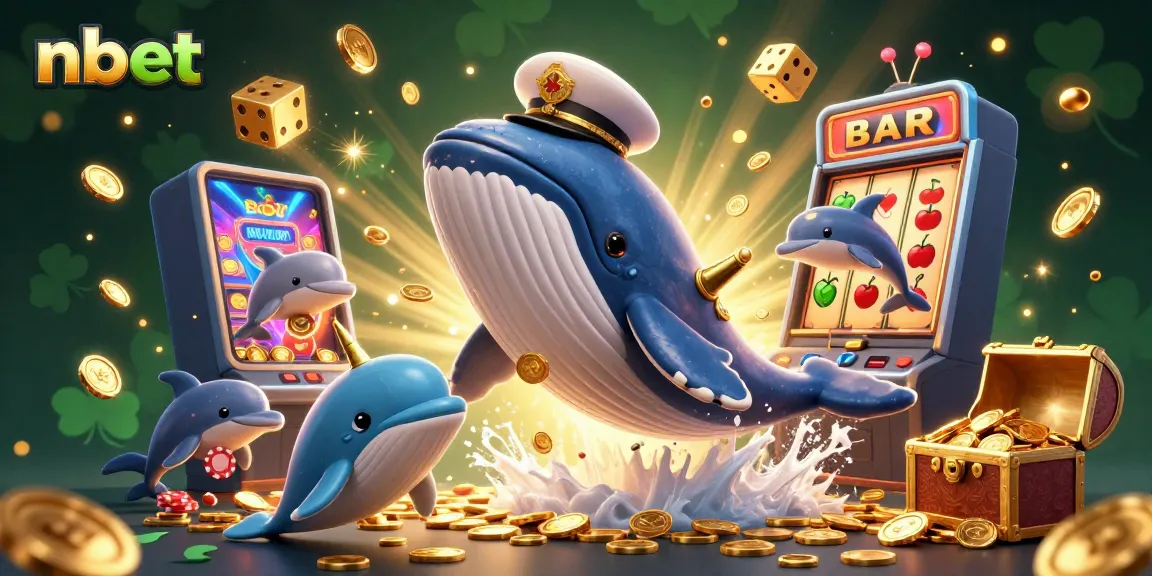 Engage in thrilling slots with nbet as a cartoon whale breaches through coins, surrounded by vibrant casino elements.