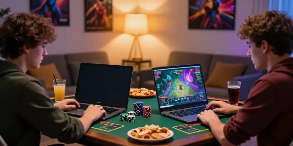 Friends enjoying ahha4d online gaming with snacks and colorful screens in cozy setting.