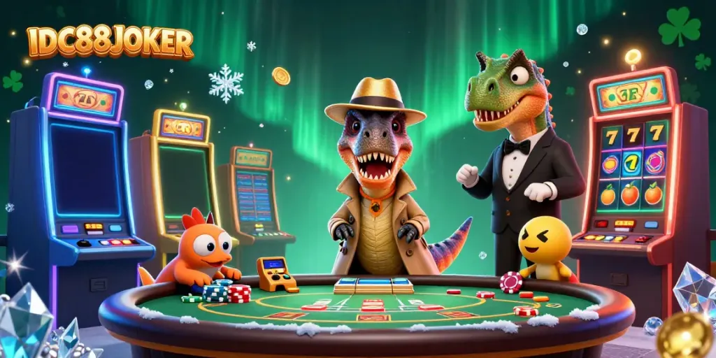 Engage in thrilling gameplay at IDC88JOKER, featuring a velociraptor card counter and vibrant slot machines.