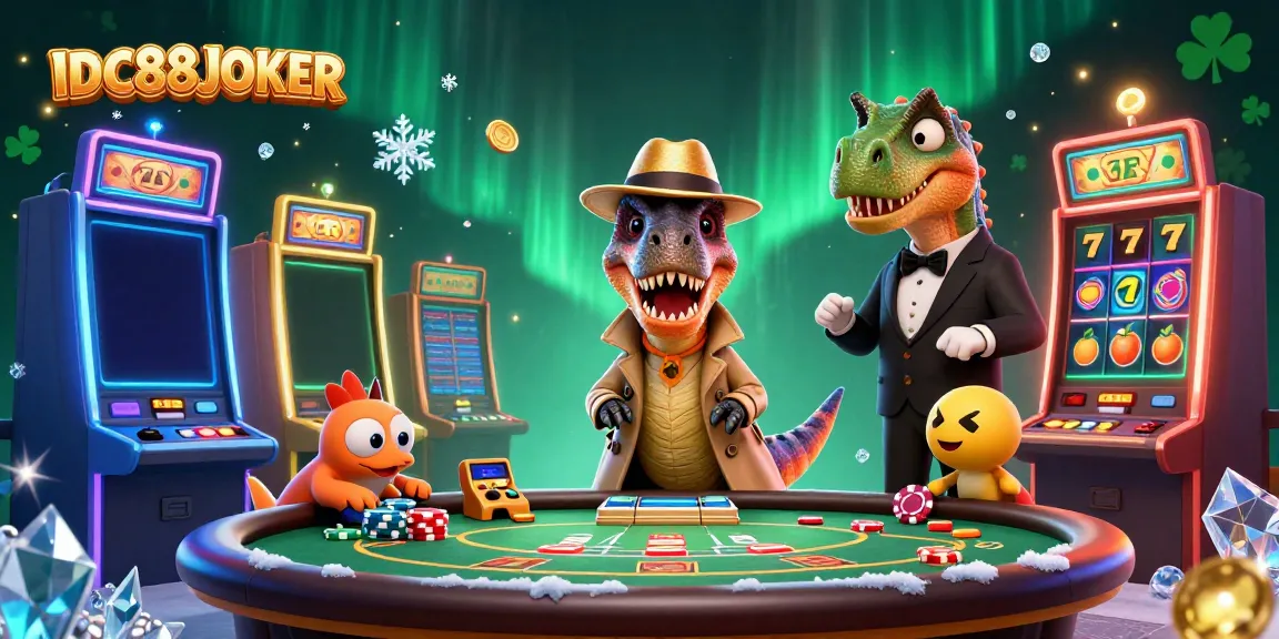 Engage in thrilling gameplay at IDC88JOKER, featuring a velociraptor card counter and vibrant slot machines.