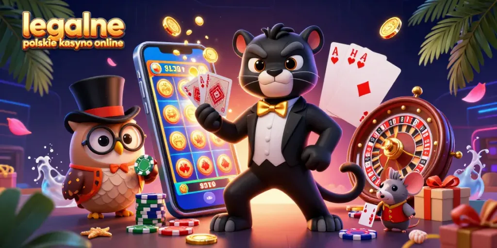 Experience thrill at legalne polskie kasyno online with stylish characters, slot games, and vibrant casino elements.