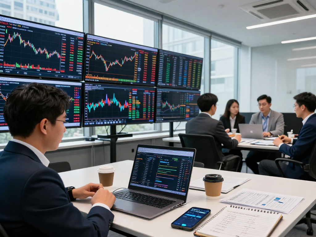 KOSPI index trading scene in a modern financial environment with traders analyzing charts.