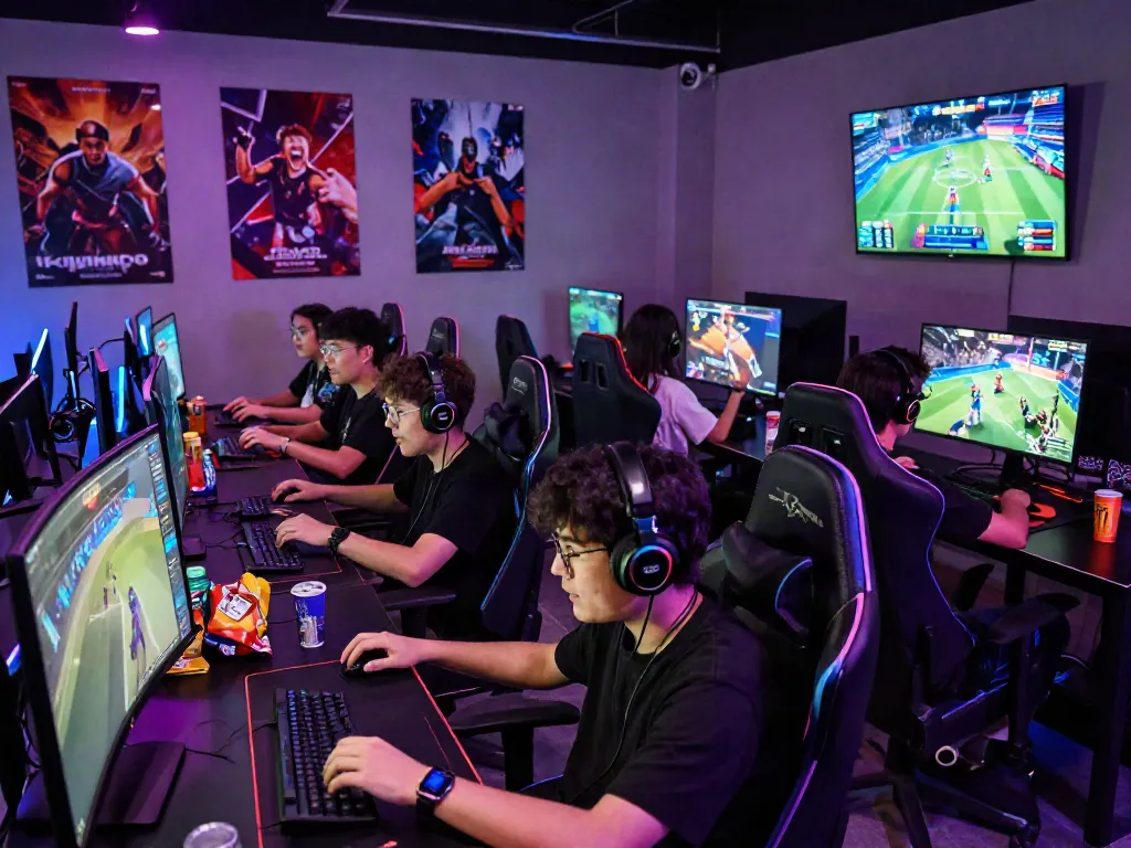 Engaged gamers enjoying diverse games on DJARUMBOS platform in vibrant setup