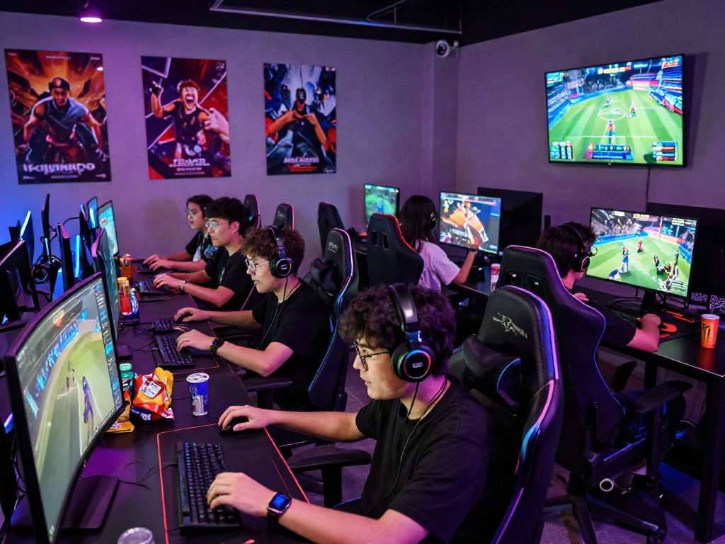 Engaged gamers enjoying diverse games on DJARUMBOS platform in vibrant setup