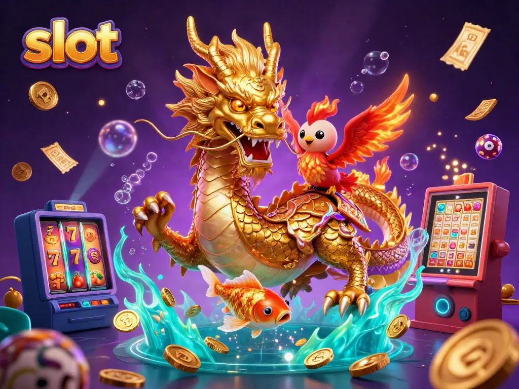 Slot membawa keberuntungan saat naga emas dan phoenix bermain di antara simbol slot dan koin.
