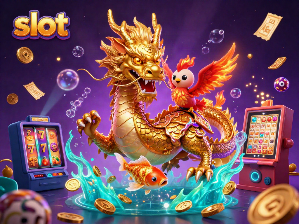 Slot membawa keberuntungan saat naga emas dan phoenix bermain di antara simbol slot dan koin.