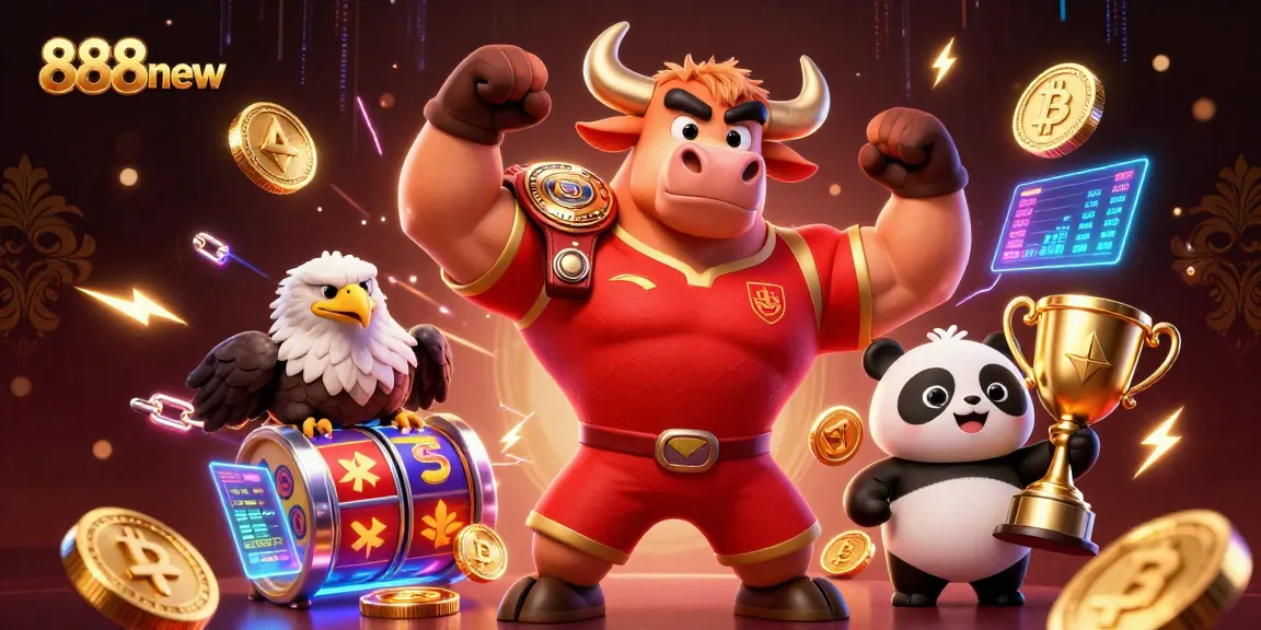 Experience thrilling gameplay at 888new with a dynamic casino scene featuring a bull mascot and colorful slot reels.