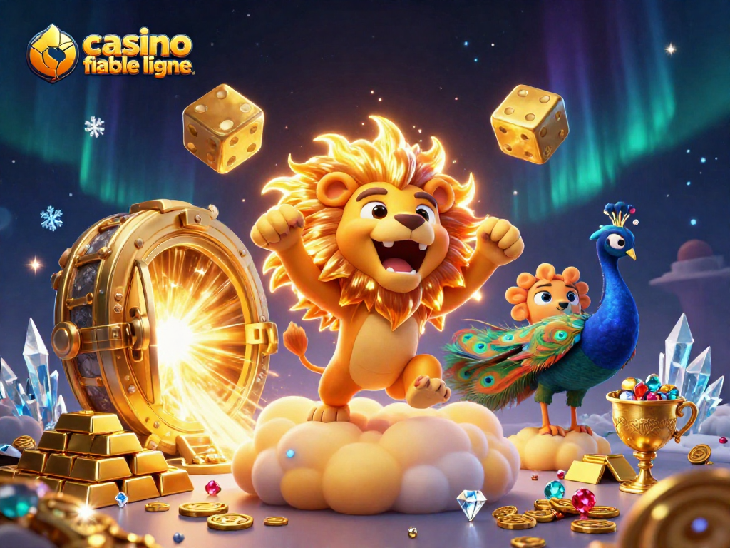 Vivez l'excitation d'un casino fiable en ligne avec un lion, des dés dorés et des trésors lumineux.