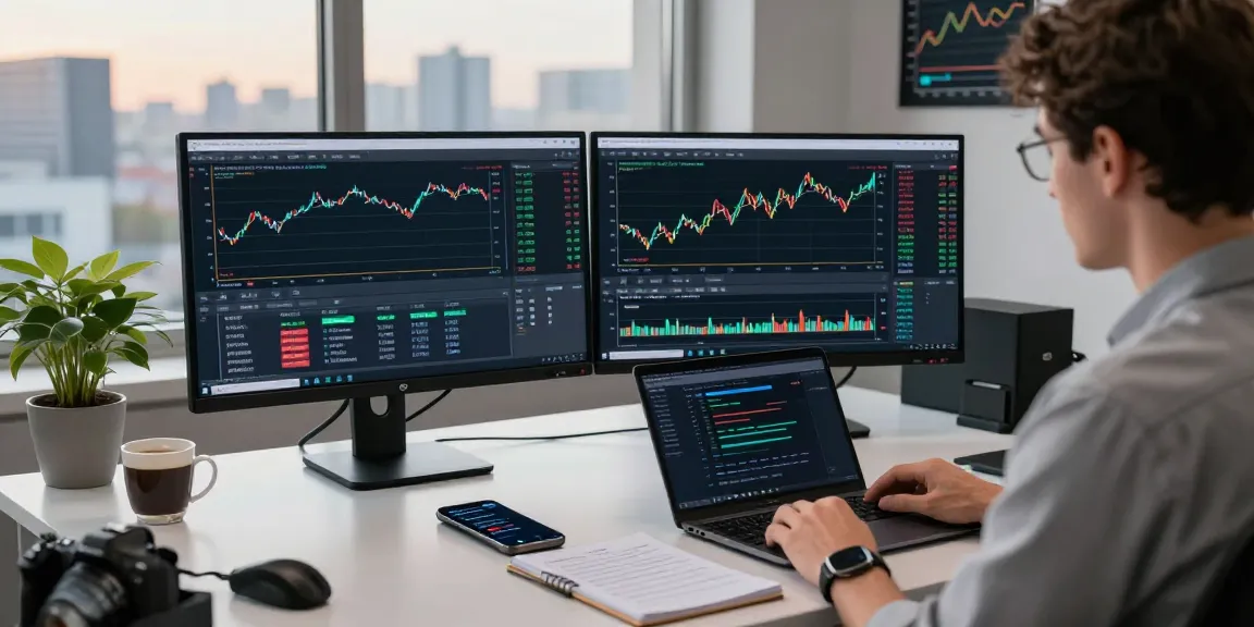 Trader using MetaTrader 4 in a modern forex trading workspace with live charts and indicators.