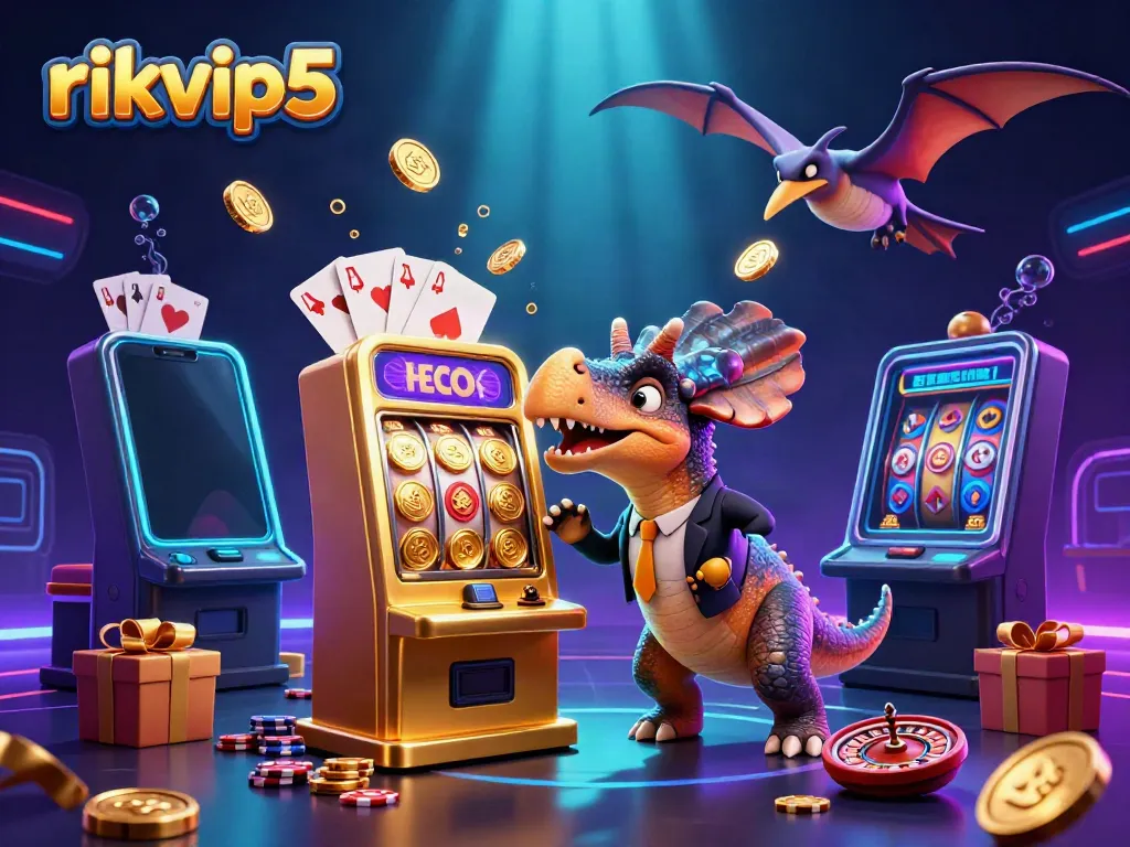 rikvip5 casino scene with a dinosaur headbutting a slot machine, exciting jackpot coin explosion