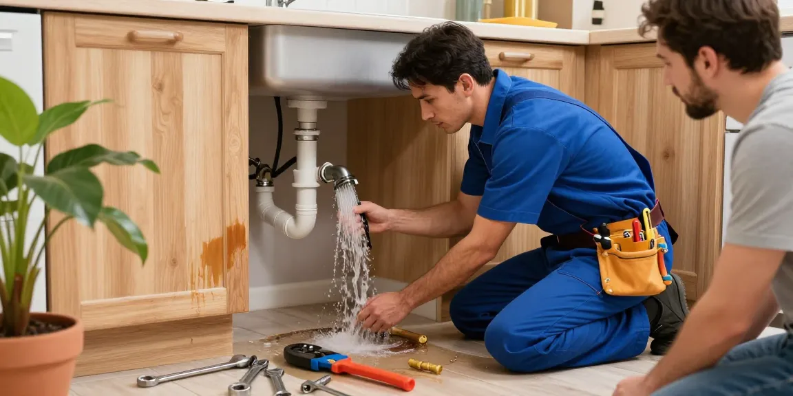 Sandy emergency plumber fixing a burst pipe under a kitchen sink, demonstrating urgent repair skills.