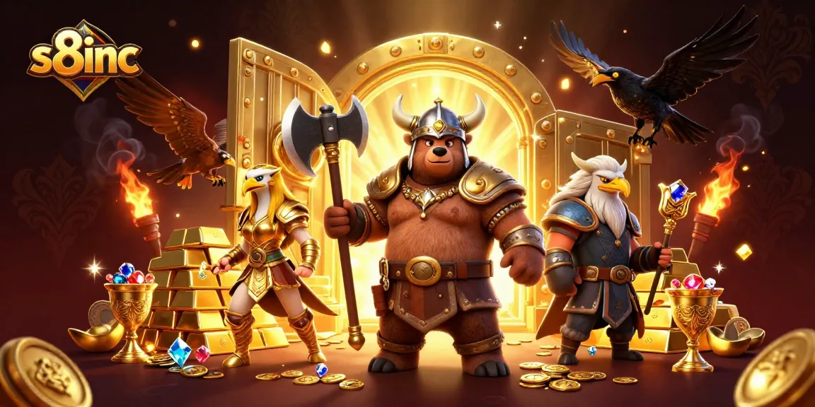S8inc showcases thrilling casino adventures with a Viking bear and Valkyrie eagle in a dynamic treasure scene.