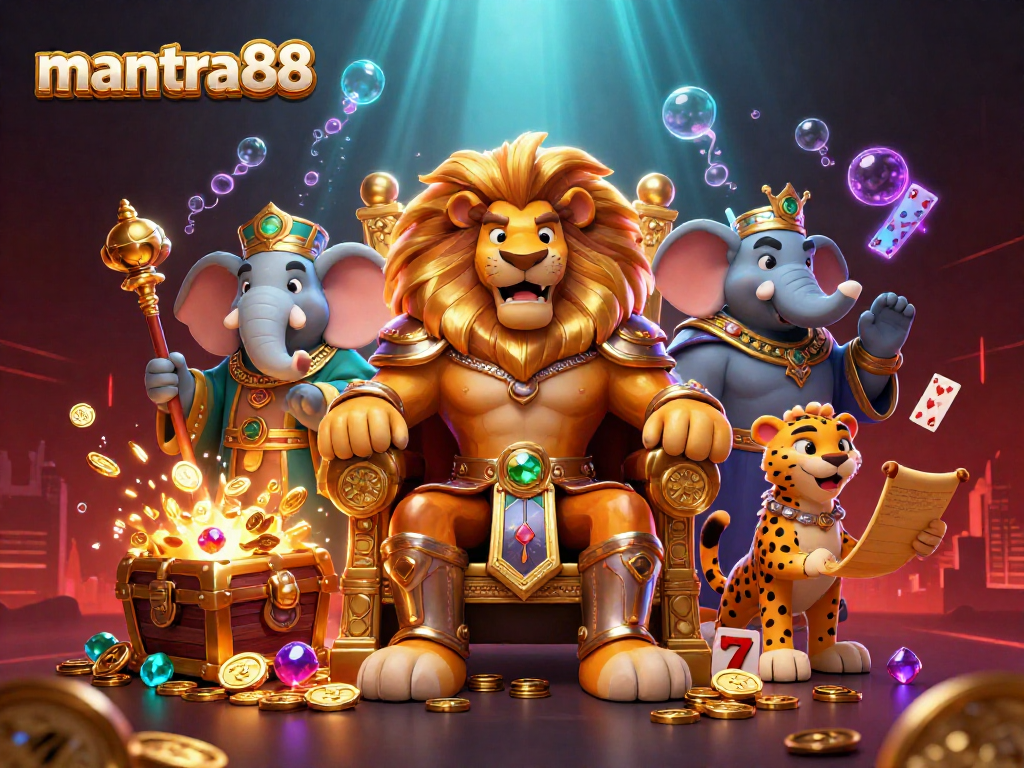 Experience thrilling wins with mantra88 in a vibrant online casino scene featuring animated characters and slot games.