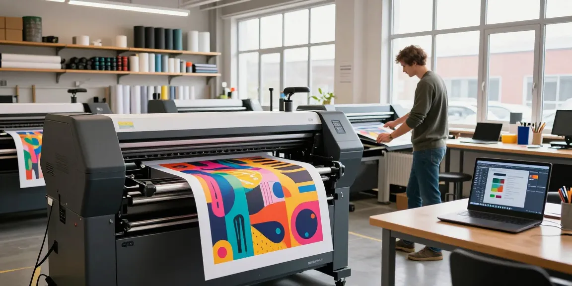 Technician operating poster printer machines in a vibrant print shop environment.