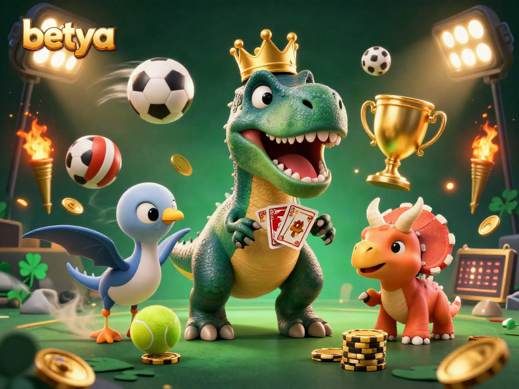 Engage with betya's exciting betting action featuring cartoon dinosaurs in a dynamic casino scene.