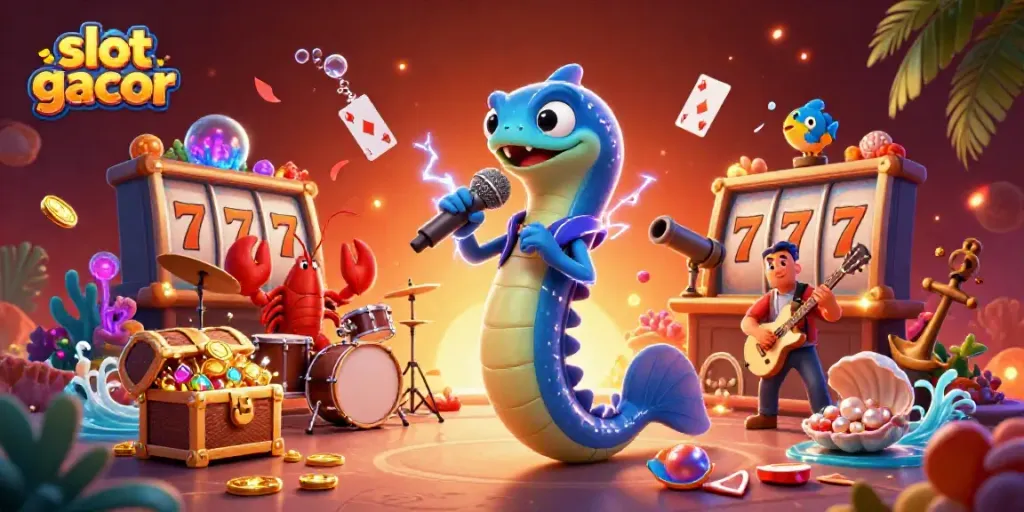 Engaging casino-themed illustration featuring a DJ electric eel, lobster drummer, and seahorse guitarist in an underwater setting, enhancing the slot gacor experience.