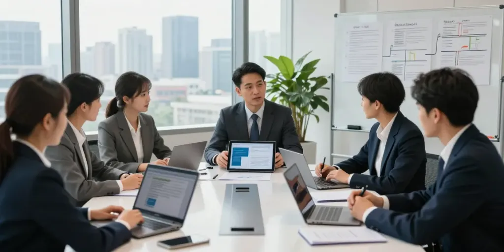 Lead Roedl team collaborating on international legal strategies in a modern office environment.
