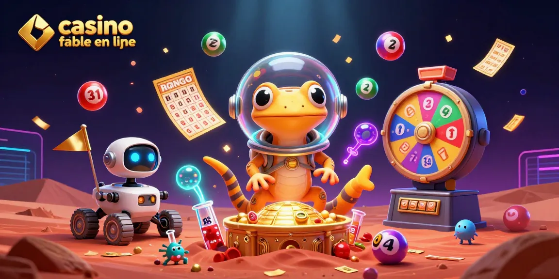 Casino fiable en ligne : le gecko martien découvre un casino doré sur Mars entouré de jeux colorés et festifs.