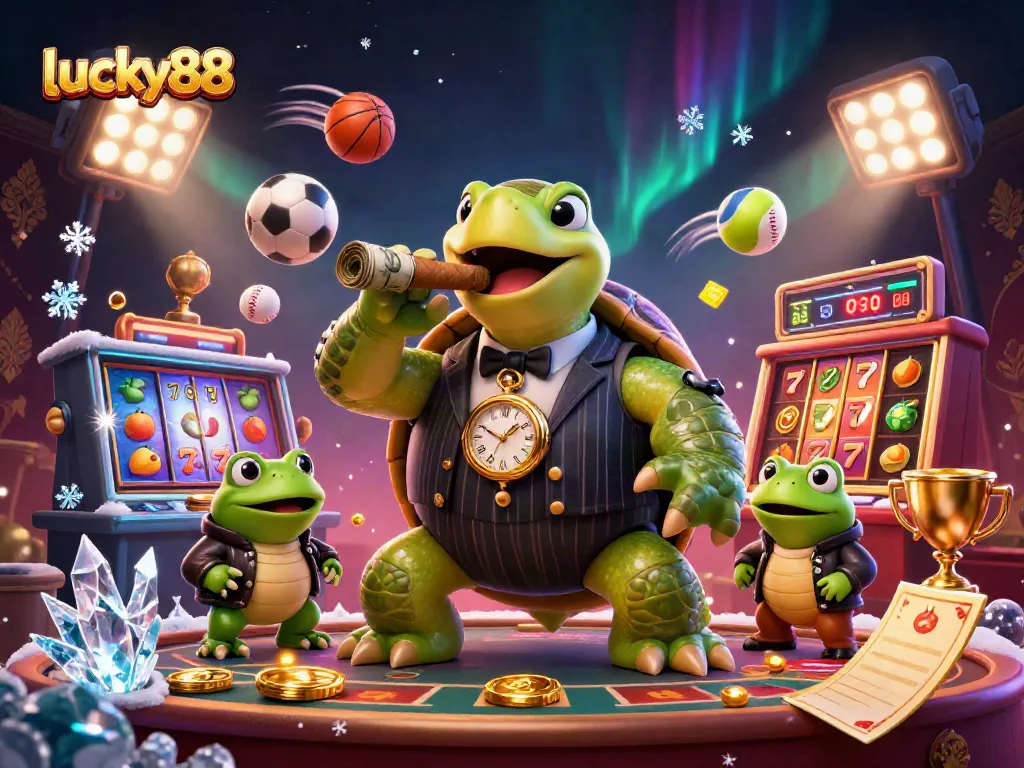 Experience the vibrancy of lucky88 with a lively casino scene featuring a snapping turtle and bullfrog enforcers.