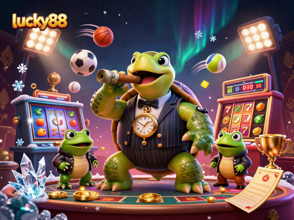 Experience the vibrancy of lucky88 with a lively casino scene featuring a snapping turtle and bullfrog enforcers.