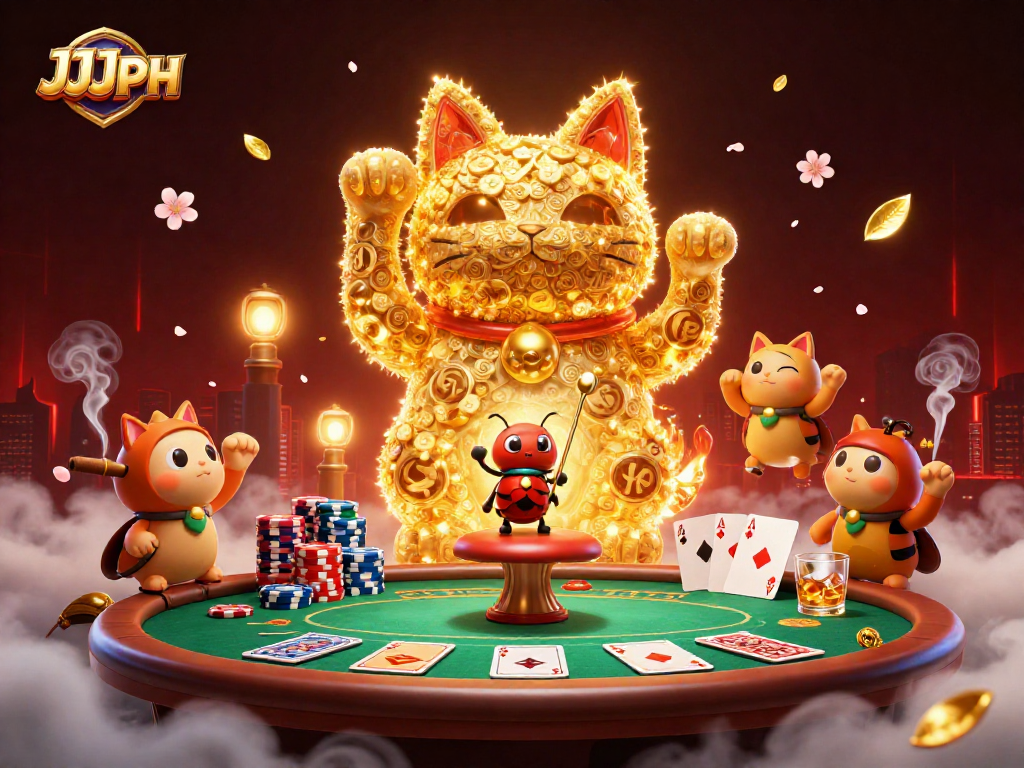 Engage with JJJPH's vibrant casino world featuring a lucky cat and poker action