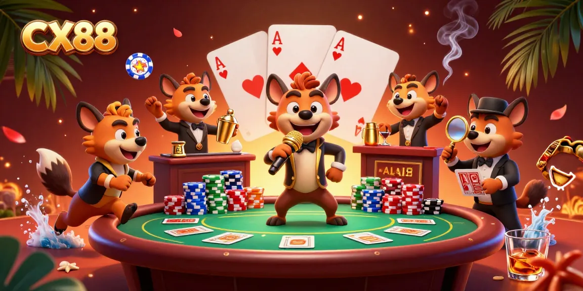 Entertaining scene at CX88 casino with hyena characters and vibrant poker elements.