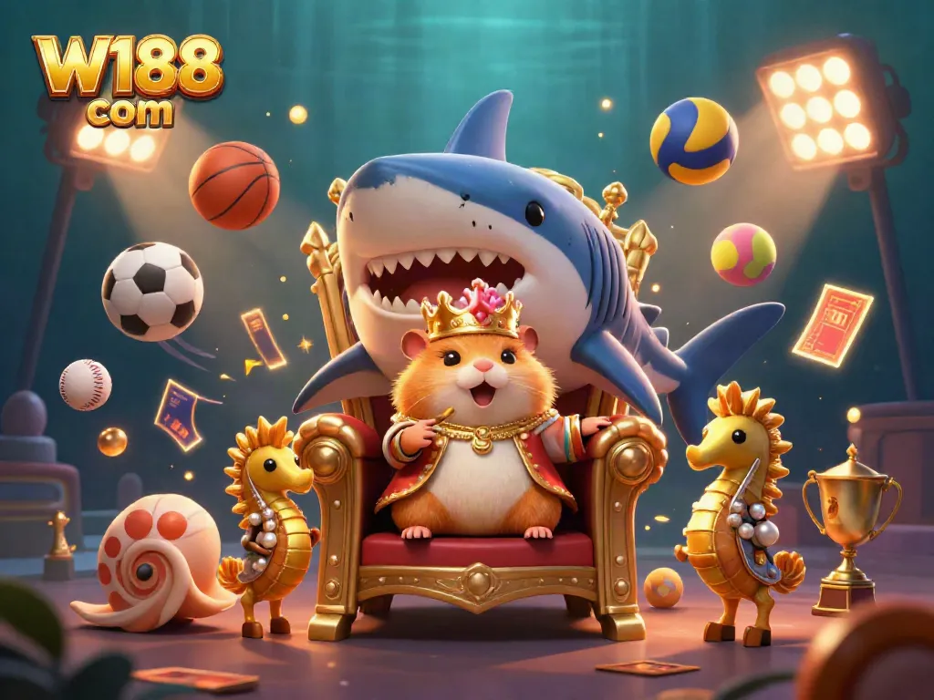Engage with the thrilling world of W188 com as the golden hamster king takes his throne amidst vibrant casino elements.