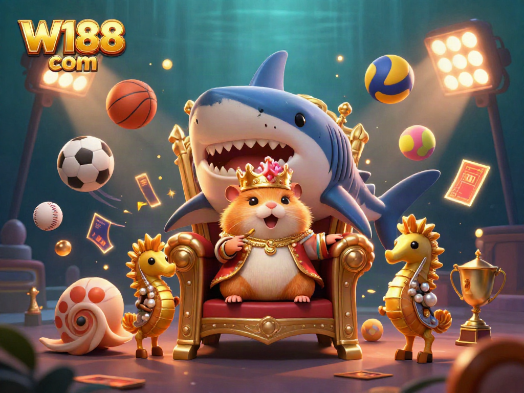 Engage with the thrilling world of W188 com as the golden hamster king takes his throne amidst vibrant casino elements.
