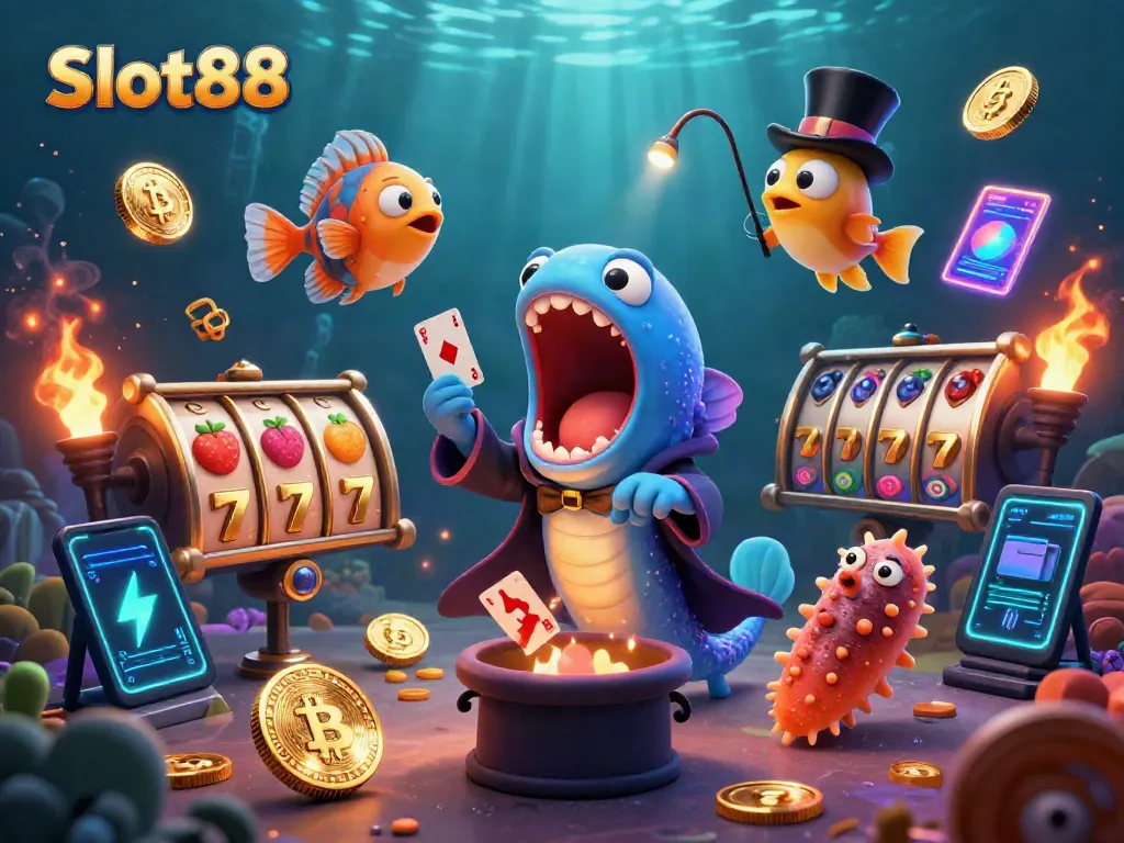 Slot88 showcases a 3D cartoon scene with unique underwater casino characters and vibrant gaming elements.