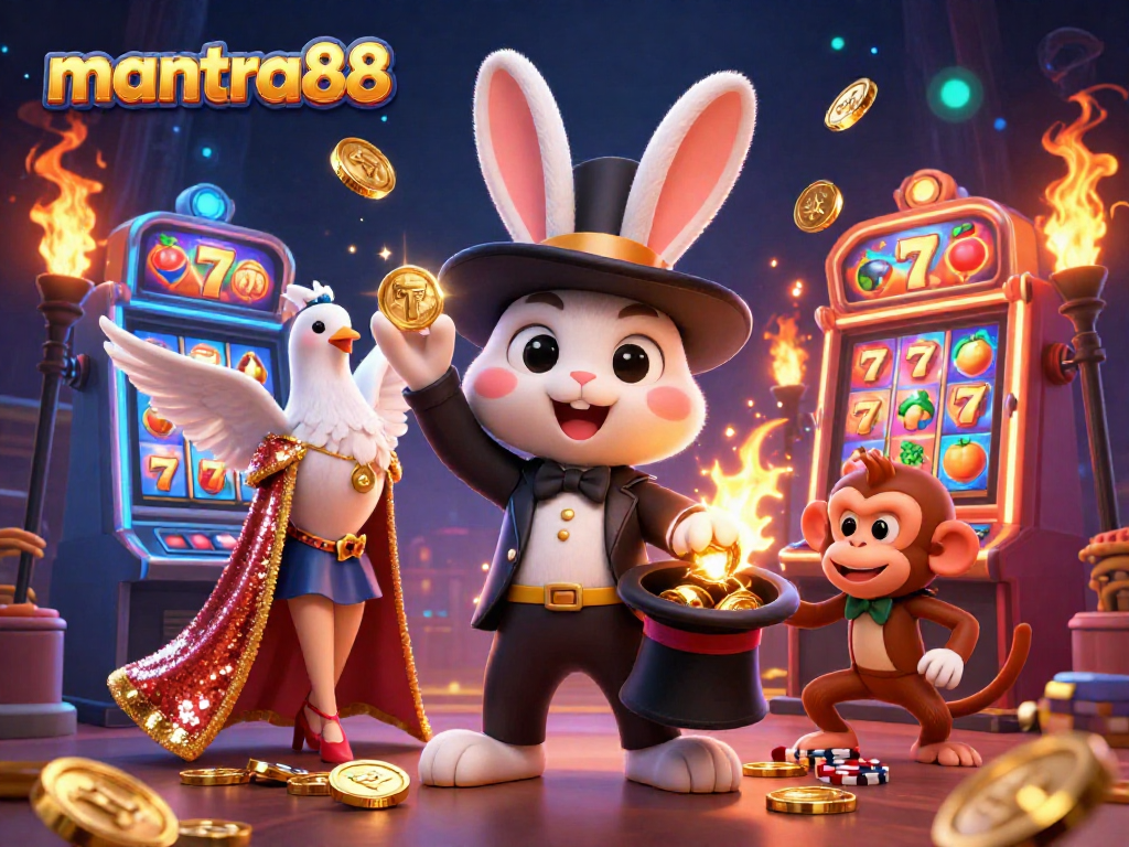 Experience the thrill of mantra88 with magical gaming excitement featuring coins, characters, and vibrant slot machines.