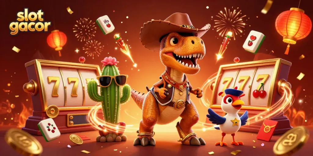 Menangkan jackpot di slot gacor dengan ilustrasi kartun dinosaurus dan teman-temannya merayakan kemenangan.