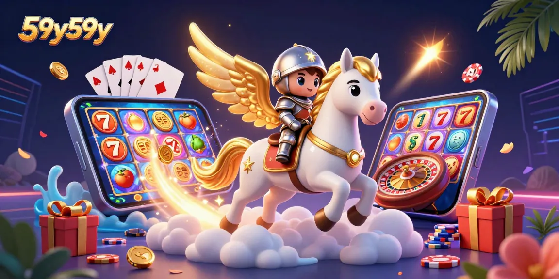 59y59y promove uma ilustração 3D de um cavalo celestial e um cavaleiro em meio a jogos de cassino.
