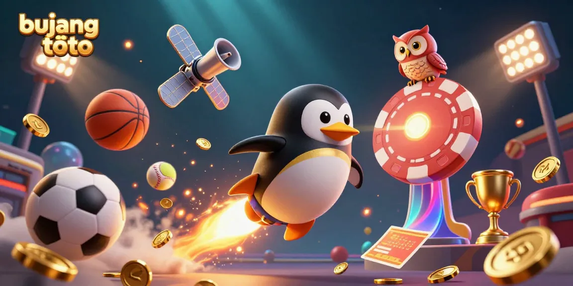 Experience thrilling action in bujang toto with a golden penguin soaring past a casino in a cosmic scene.
