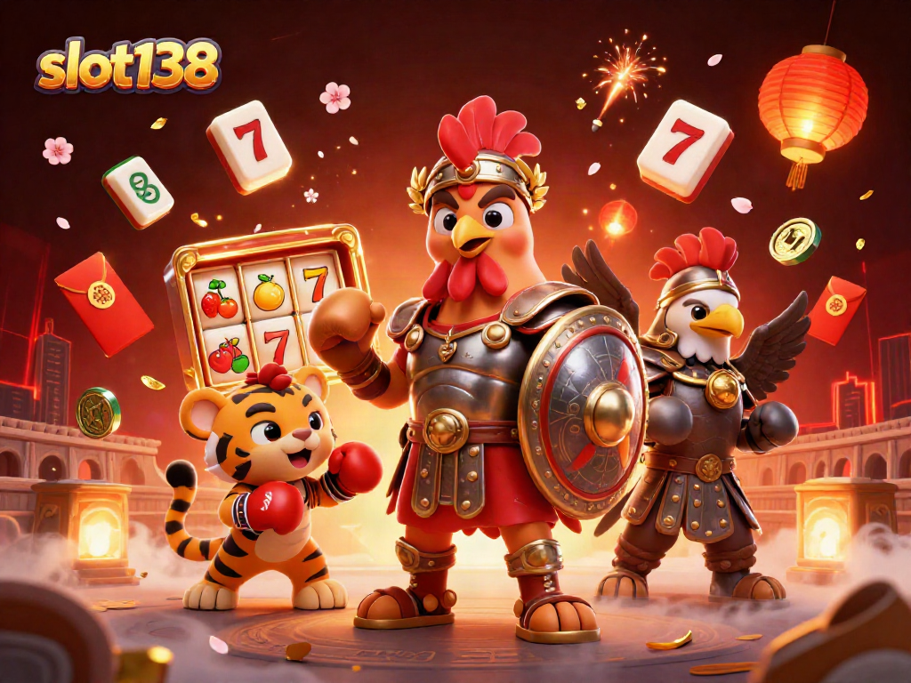 Engage with slot138 as a victorious 3D rooster gladiator amid vibrant casino elements.