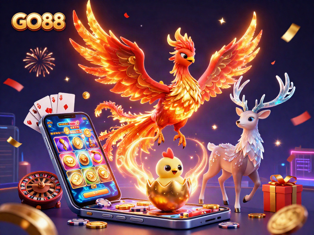Engage with GO88's exciting gameplay featuring phoenixes, vibrant casino elements, and dynamic gaming atmosphere.