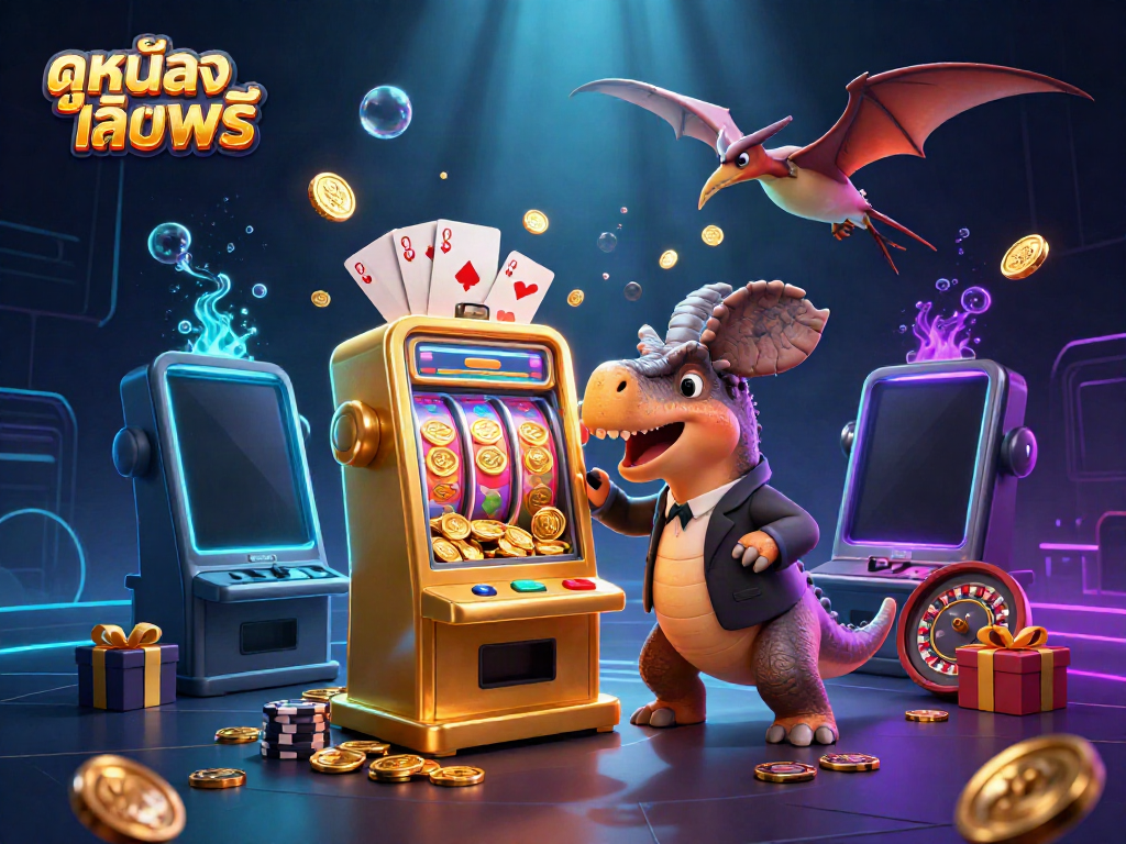 Experience excitement watching a 3D illustration of ดูหนังออนไลน์ฟรี featuring a pachycephalosaurus winning coins at a golden slot machine.