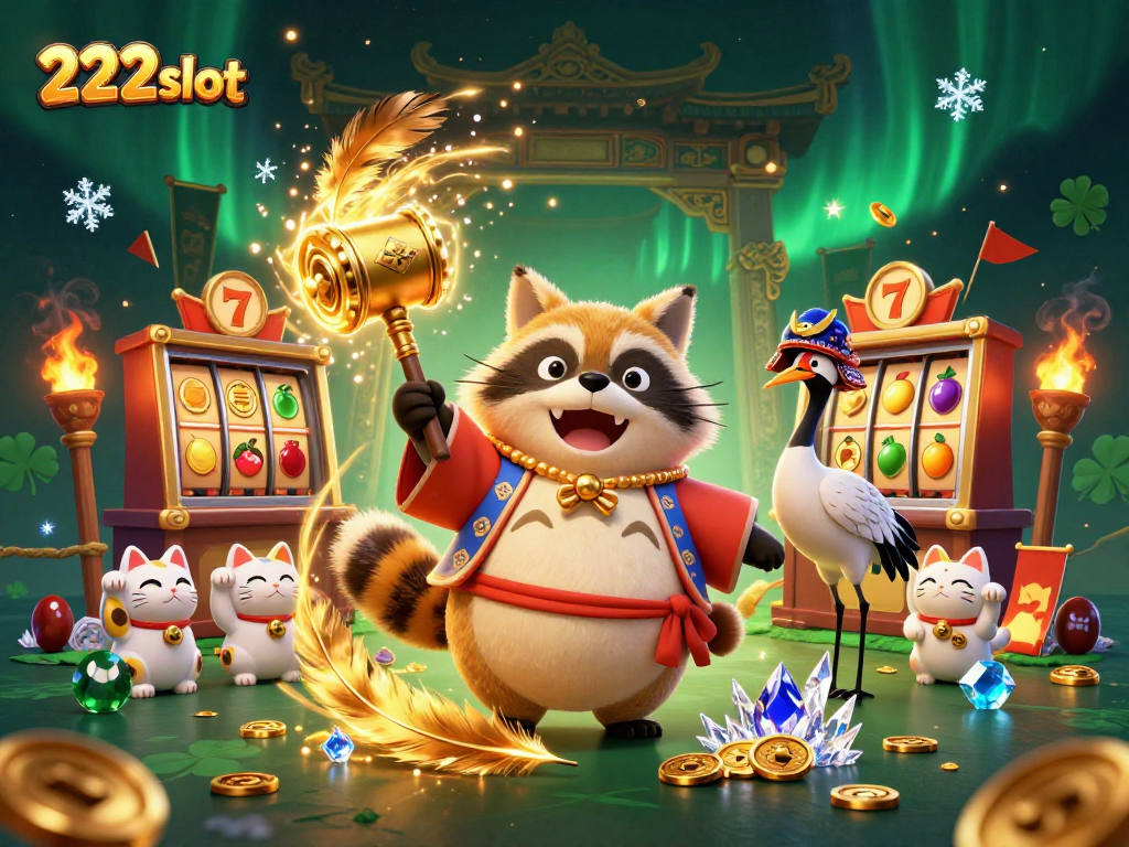 Menangkan permainan slot di 222slot dengan ilustrasi karakter tanuki ceria dan simbol keberuntungan.