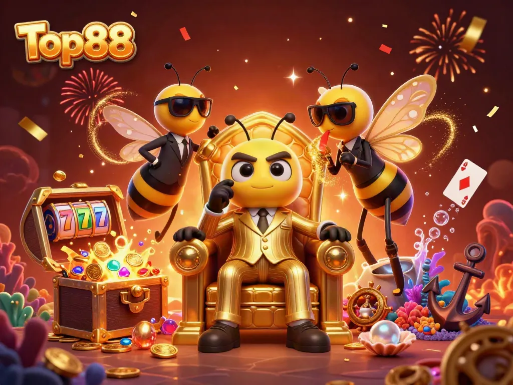Experience the thrilling world of Top88 with a vibrant 3D casino scene showcasing exciting game elements.