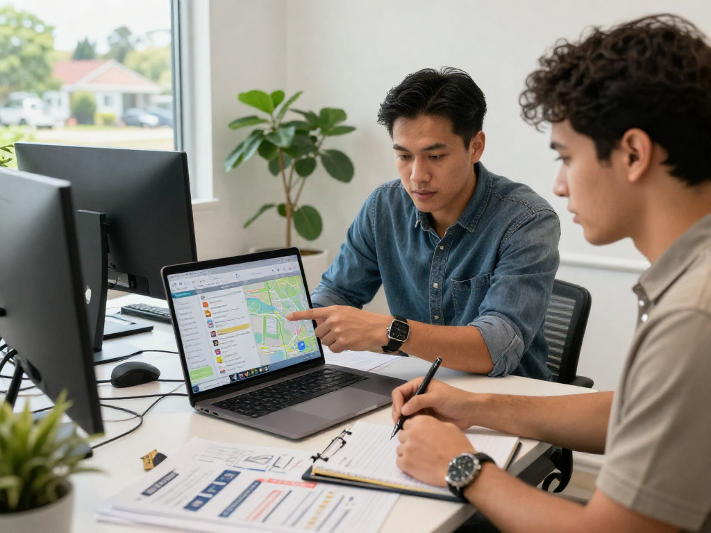 Operators discussing Google Maps SEO services for local business strategies in a modern office.